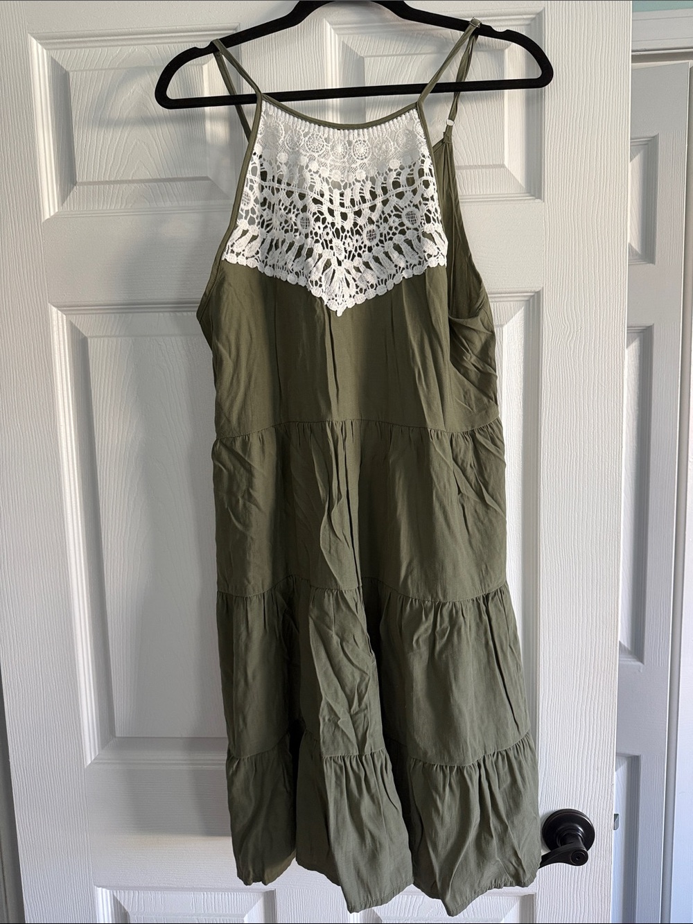 Olive Green Tiered Sundress with White Crochet Yoke